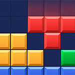 Colorful geometric blocks in various shapes, including red, yellow, green, and blue, are arranged on a grid background