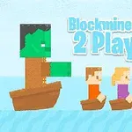 The image features a colorful, blocky scene from the Blockminer Run game, showcasing a green character and two players in small boats, set against a serene water backdrop with a playful, cartoonish style