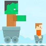 A pixelated green monster in a large cart rides next to a smaller character in a cart, set against a simple blue background with clouds