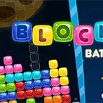 The image features a colorful game interface for Blocks Battle, showcasing vibrant, stacked blocks and a cartoon astronaut against a cosmic background