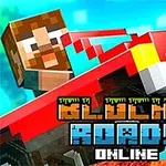 The image features a blocky character driving a red car in a vibrant, pixelated landscape, with the title Bluchy Roads Online prominently displayed at the bottom