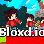 A colorful, blocky gaming scene featuring three characters in red shirts, interacting playfully on a vibrant landscape with trees and floating blocks, labeled Bloxd