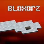 The image features a 3D puzzle game scene from Bloxorz, showcasing a block positioned on a tiled surface with a hole, set against a gradient red background and the game title in a pixelated font