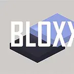 The image features a minimalist design with two overlapping colored blocks (one light blue and one dark blue) on a light gray background, along with the bold text BLOXX prominently displayed in white