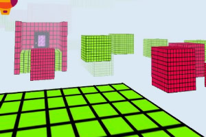 A 3D scene featuring a grid floor with red and green cubical structures in a minimalist, pastel environment