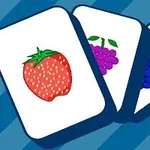 Three cards featuring illustrated fruits: a red strawberry, a bunch of purple grapes, and a blue grape, all set against a blue striped background