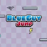 A colorful game title screen featuring the title Blue Guy Jump, with a blue character, platforms, an apple, a lightning bolt, and a bat against a light purple checkered background