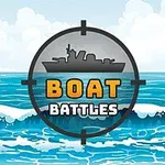 A colorful graphic featuring the title Boat Battles with a ship silhouette inside a targeting scope, set against a backdrop of blue ocean waves and light clouds