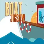 A colorful, cartoon-style boat with a cabin, life rings, and stylized waves, set against a sunny background with seagulls, labeled Boat Jigsaw