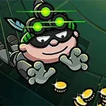 A cartoonish thief character with green goggles and a black outfit is reaching for scattered gold coins in a dark, stylized environment, suggesting a playful heist or treasure-hunting theme