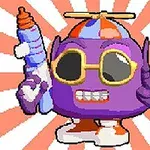 A purple, round character with sunglasses and a colorful hat, holding a water gun, against a radial red and white background