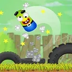 A colorful animated scene featuring a smiling canister with goggles bouncing above an old tire, surrounded by stars, set against a green background with a wooden fence