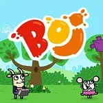 The image features colorful cartoon characters in a vibrant outdoor setting, with the title Boj prominently displayed, surrounded by trees and a sky with clouds