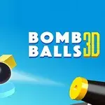 The image features a colorful 3D game logo titled BOMB BALLS 3D, showcasing a black ball shooting towards stacked yellow and pink blocks against a bright blue background