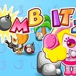 A colorful video game title screen for Bomb It 2, featuring cartoon characters with playful expressions, tropical elements like palm trees, and various bombs and objects in a vibrant, blue background