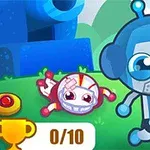 A colorful, animated scene featuring a cheerful blue robot character running beside a playful, injured round character on green grass, with a trophy counter displayed at the bottom