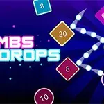 A colorful graphic featuring the title Bombs Drops with geometric shapes and numbers, including a diamond and lightning bolt, set against a vibrant purple background