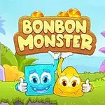 A colorful and playful image depicting two cute characters, a blue square and a yellow blob, cheerfully posing together under the title Bonbon Monster in a vibrant, cartoonish landscape with greenery and gems