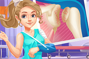A young woman with a cheerful expression and a blue arm sling stands in front of a large medical image depicting a knee joint and a fractured bone