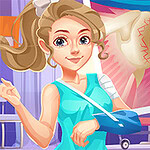 A young woman with a cheerful expression and a blue arm sling stands in front of a large medical image depicting a knee joint and a fractured bone