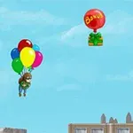 A character floats upward with colorful balloons, surrounded by red balloons marked Banana and green gift boxes, against a bright blue sky backdrop and a cityscape below