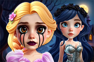 Two wide-eyed gothic-style cartoon girls, one blonde crying black tears and one blue-haired in a corset dress, stand in a dark spooky setting