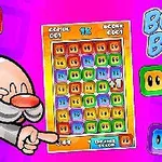 The image features a colorful game interface titled Bop the Blox, showcasing a grid of various colored blocks and a cartoon character with a mustache pointing at the grid, all set against a vibrant pink background