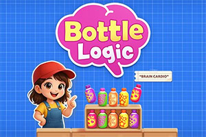 A cheerful cartoon girl in a red cap stands beside shelves of colorful patterned bottles on a blue grid background