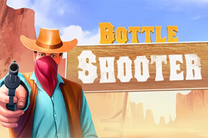 Cartoon cowboy in a hat and red bandana aiming a revolver beside Bottle Shooter text in a desert canyon scene