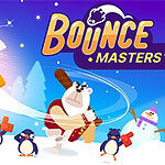 A lively cartoon scene featuring a group of colorful penguins and a polar bear in a snowy landscape, with one penguin soaring through the air against a vibrant blue and purple background