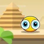 A cheerful yellow ball with large blue eyes is set against a backdrop of pyramids and a sunny sky, surrounded by green leaves