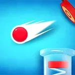 An animated graphic featuring a red ball in motion towards a target, surrounded by a funnel and a test tube, all set against a bright blue background