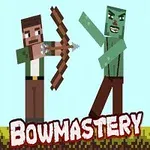 A pixelated character with a bow targets a green zombie in a brightly colored background, accompanied by the text Bowmastery prominently displayed at the bottom