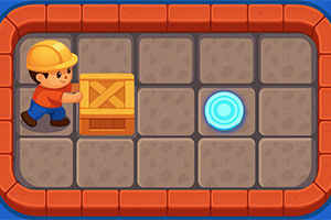 Cartoon construction worker pushing a wooden crate on a tiled grid, with a glowing blue target circle nearby