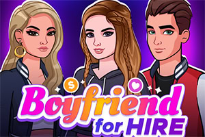 Three cartoon-style characters stand against a vibrant purple background, with the text Boyfriend for HIRE prominently displayed, featuring dollar signs and hearts, suggesting a playful and romantic theme