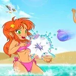 A vibrant animated scene featuring three cheerful girls playing in shallow water at the beach, splashing and enjoying a sunny day, with colorful swimsuits and playful expressions