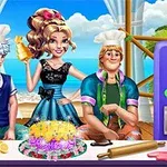 A cheerful trio of animated characters, two boys and a girl in chef hats, showcase a colorful cake on a table adorned with baking tools, against a tropical beach background