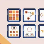 The image displays a grid of six different puzzle-like challenges featuring various shapes, numbers, and patterns, designed to test logic and problem-solving skills