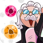A cheerful elderly scientist with white hair and glasses is raising a finger in excitement, surrounded by colorful circular bubbles in various hues