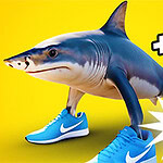 A shark with human-like arms wearing blue sneakers stands against a bright yellow background, accompanied by graphic elements showing a cursor and a +1 symbol
