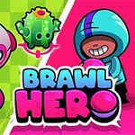 A colorful game graphic featuring a cartoon character in a hoodie, two playful elements (a pink spiral ball and a cactus), and the bold text Brawl Hero