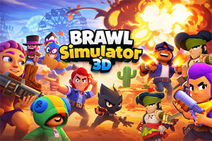 Colorful cartoon action poster with multiple characters holding weapons in a desert scene with cacti, large explosions, and the bold text BRAWL Simulator 3D in the center