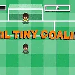 The image features a colorful, pixelated soccer game screen with two cartoon-style goalkeepers on a green field, prominently displaying the title BRAZIL TINY GOALIE in bold, orange letters