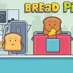 A whimsical cartoon scene titled Bread Pit, featuring anthropomorphic slices of bread and various kitchen appliances in a colorful kitchen setting