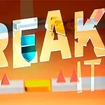 The image features the bold, stylized text BREAK IT in a vibrant orange background, accompanied by abstract shapes and geometric figures, creating a playful and dynamic visual effect