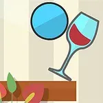 A simplistic, cartoon-style illustration featuring a blue circle and a wine glass filled with red liquid, set against a striped background with green leaves and a wooden surface