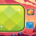 A vibrant game interface featuring a large green diamond-shaped icon surrounded by smaller colorful diamond icons against a cosmic pink and orange background, suggesting a playful and adventurous theme