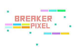 Pixelated red text reading BREAKER PIXEL on a white background, surrounded by colorful horizontal blocks and scattered small square pixels