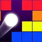 A bright white ball is striking a colorful grid of blocks in red, orange, yellow, and blue against a dark purple background, reminiscent of classic arcade-style games