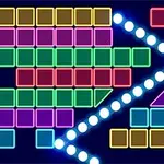 A colorful digital illustration featuring a grid of blocks in various colors, with a prominent arrow and glowing dots, reminiscent of a retro-style arcade game layout